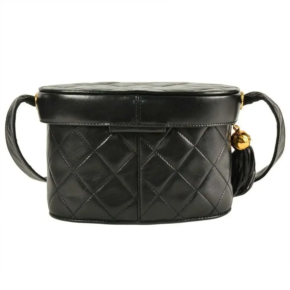 CHANEL Black Lambskin Leather Logo Shoulder Bag